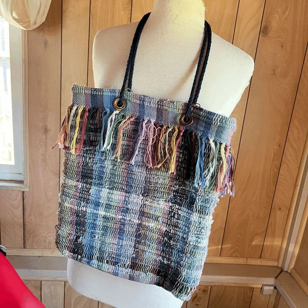 Handwoven Recycled Denim Tote Bag Boho Festival Market Upcycled Fringe Shoulder - Picture 7 of 11